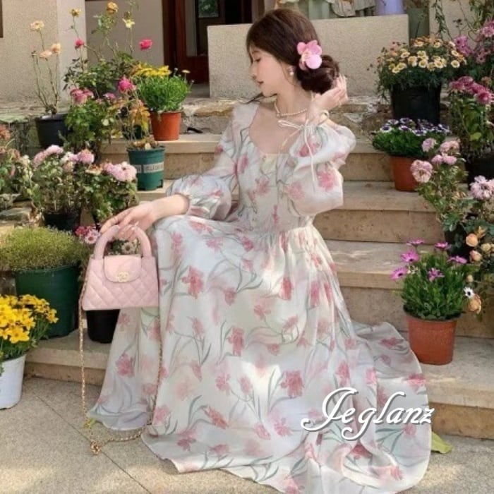 花柄 プリント ワンピース 切替 ドレス ボリューム袖 クラシカル (M6394)α