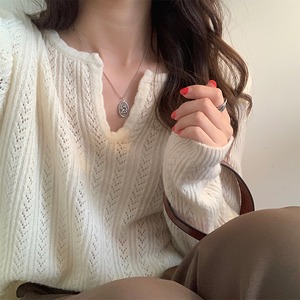 <3カラー> トップス ニットソー セーター プルオーバー 長袖 キーネック ストレート クロシェ ニット シンプル カジュアル ルーズ 無地 レディース ゆったり