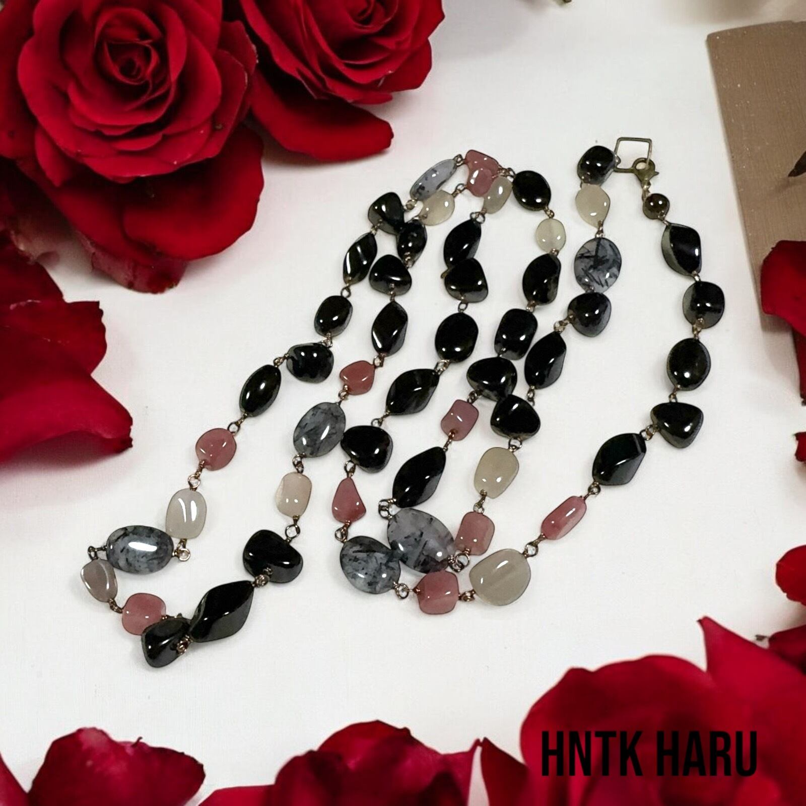 HNTK ブラックルチルクォーツ＆オニキス ロングネックレス N0712