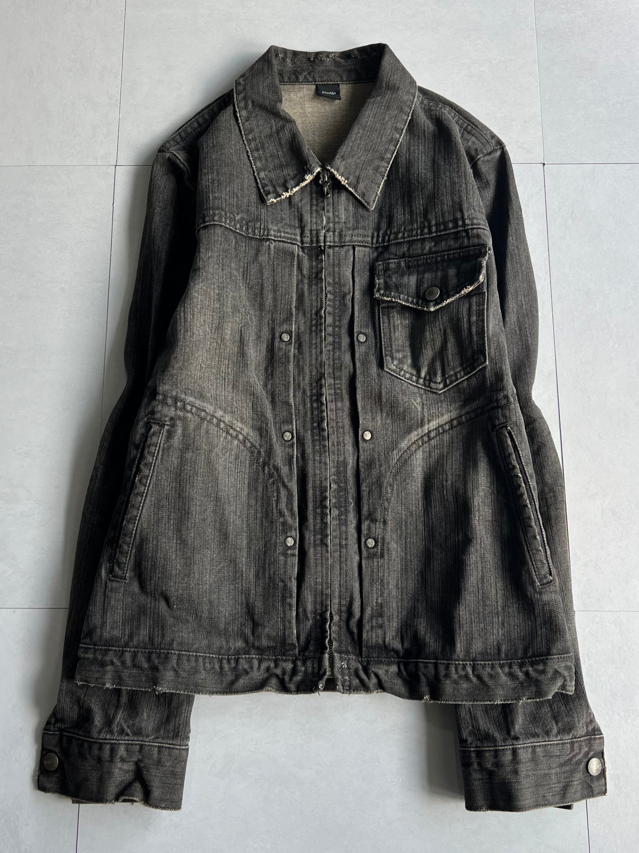 "Pledge" Damaged Zip Denim Jacket