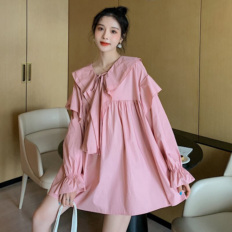 【新作】【送料無料】 1665＃マタニティ服春秋Vネックコットン長袖ルーズスタイリッシュシャツドレス妊婦ブラウストップス ロング スプリング 春物 オータム 秋物 AL expec368729305810