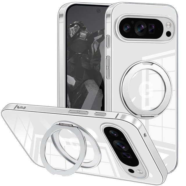 対応 Google Pixel 9 Pro XL ケース クリア リング付き 360°回転スタンド 耐衝撃 TPU