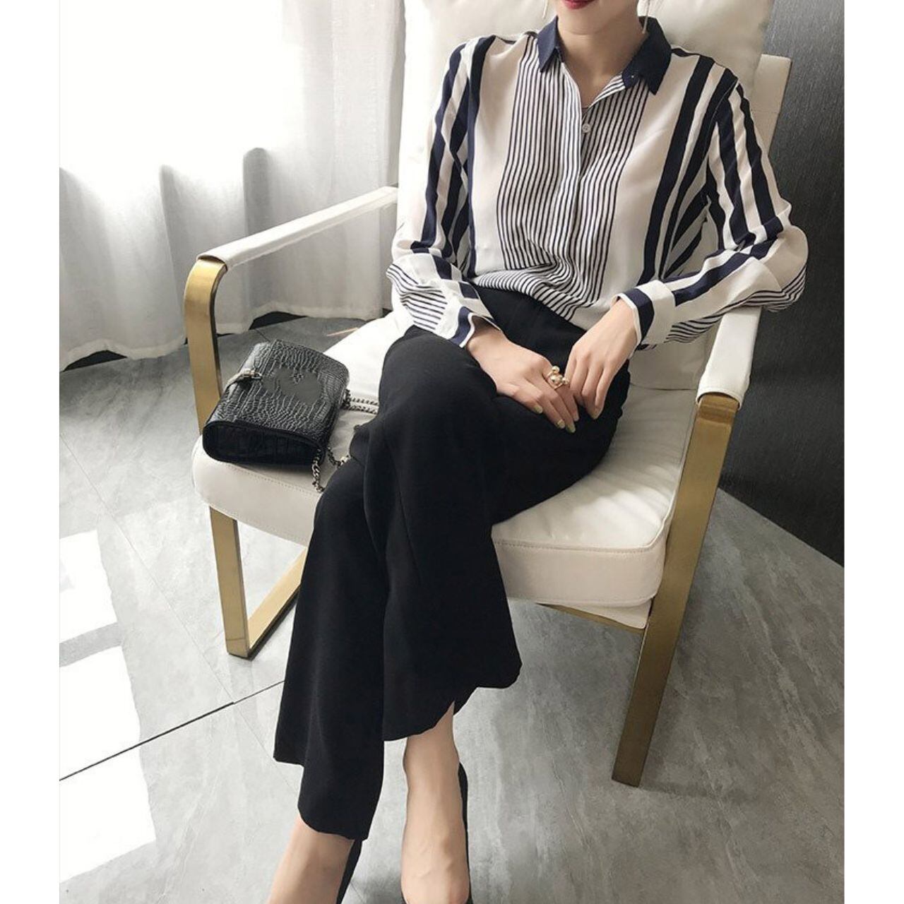 stripe long sleeve shirt collar shirt L00915