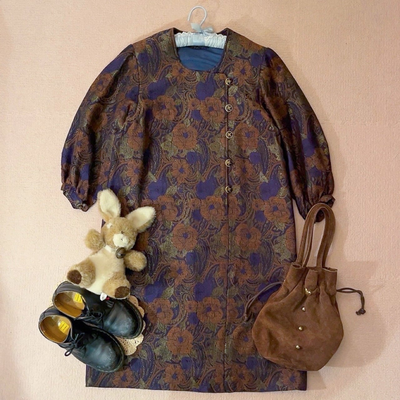 purple gold flower puff sleeve one-piece