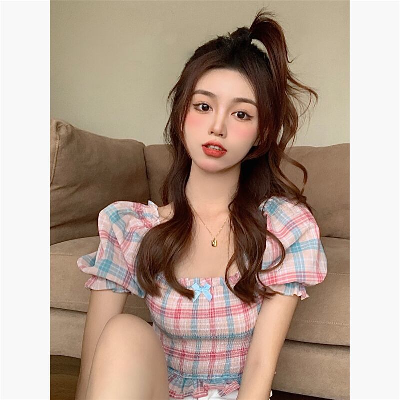 シフォンシャツ ショートサマートップス リボン 夏物 ブラックストロベリース18950276432