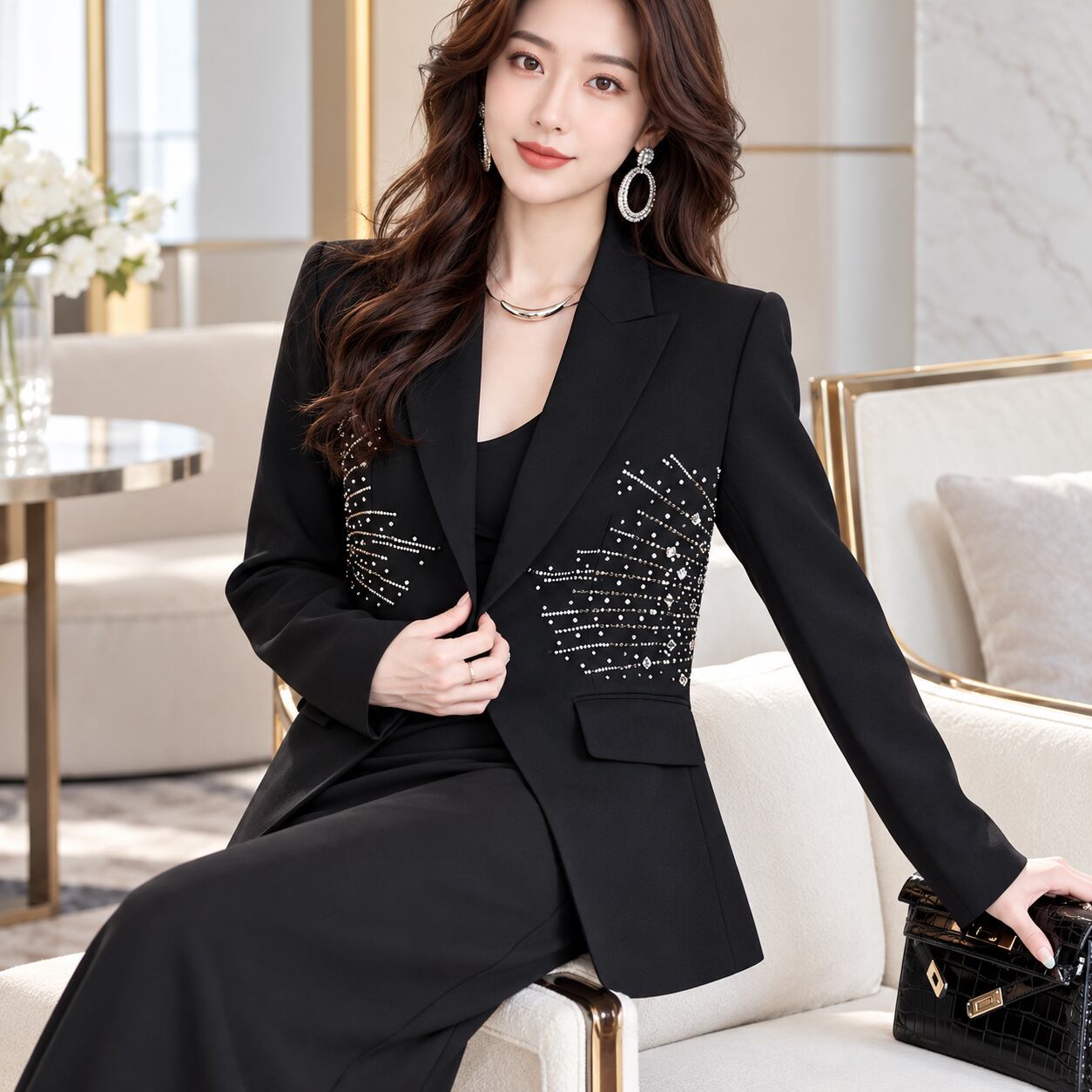 Rhinestone Decorated Tailored Jacket V3740