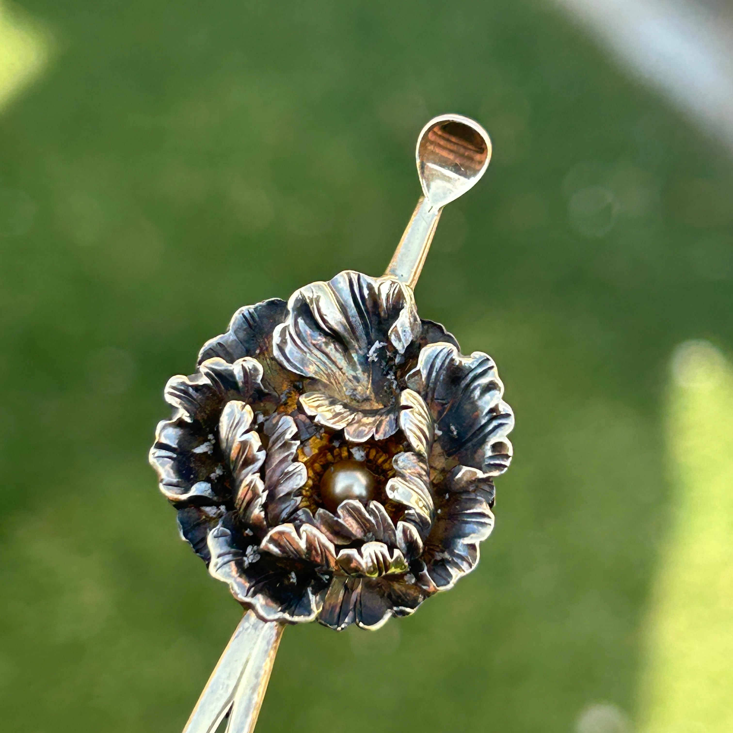 アンティーク　銀無垢　牡丹の平簪