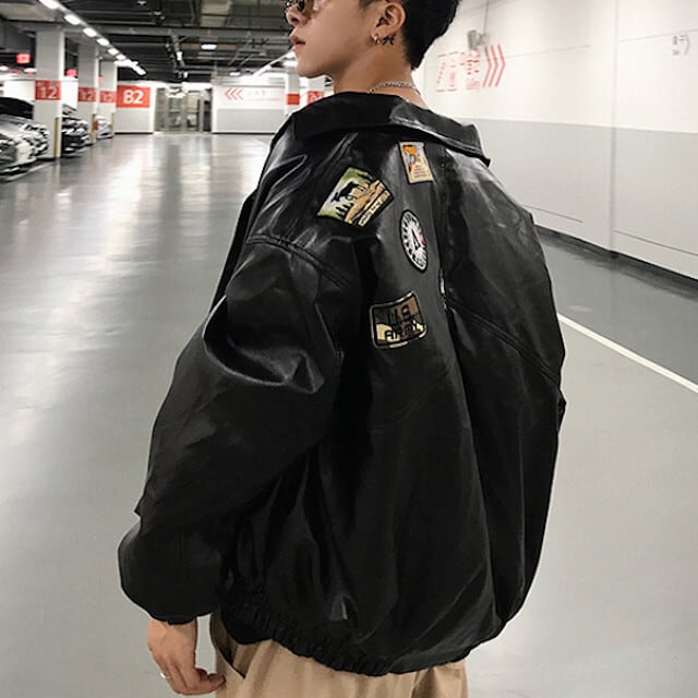 メンズ アウター ロゴ ライダースジャケット フェイクレザー ワッペン ストリート カジュアル 黒 ブラック M/L/XL/2XL