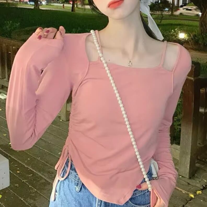 レイヤー風シャーリングロングTシャツ