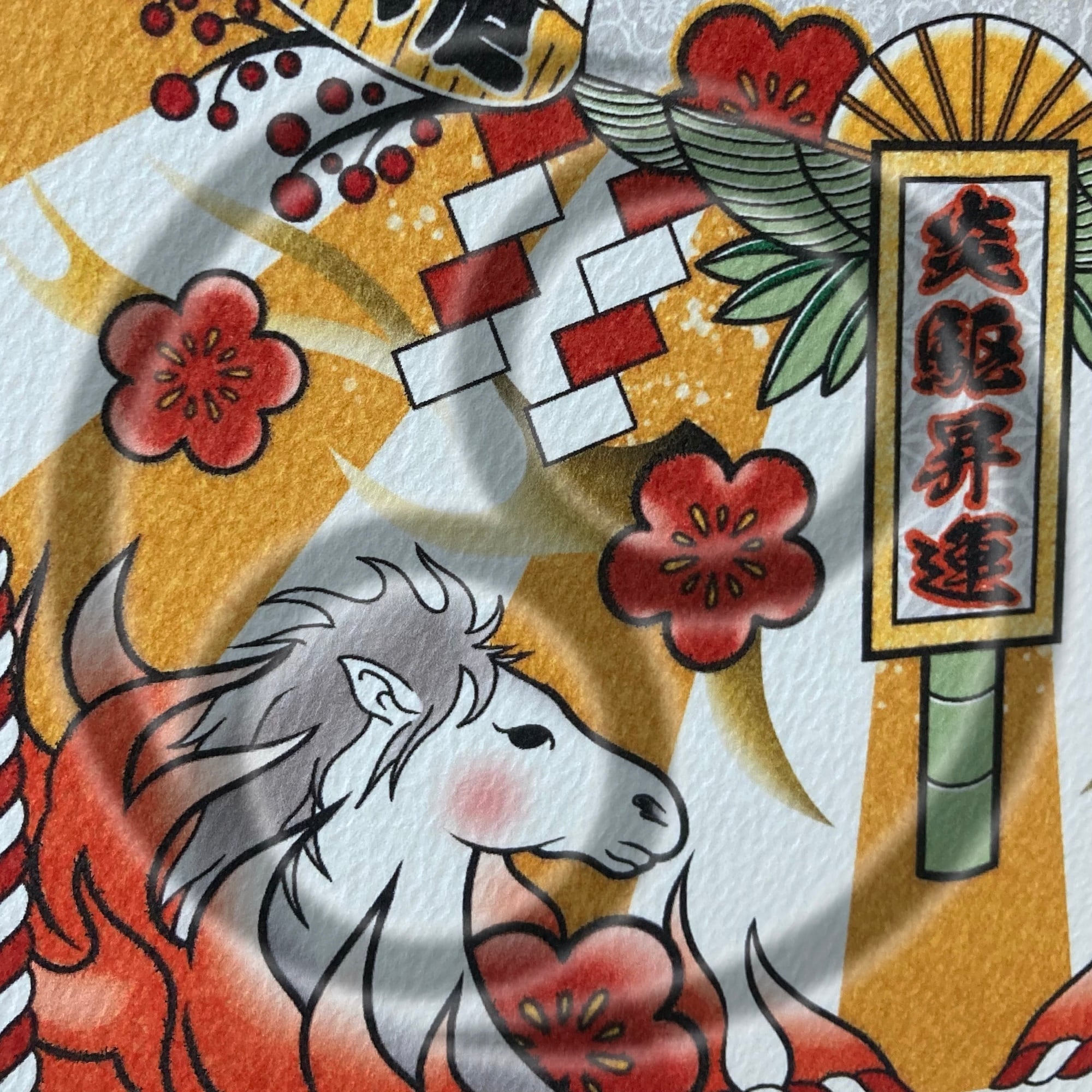 尾九 吉祥画 縁起熊手 午年 飛翔炎馬 A4サイズ 簡易フレーム付き