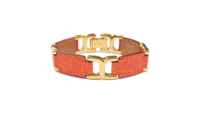【SALE！】ヴィンテージ HERMES エルメス Hロゴ ブレスレット クロコダイル ポロサス ⚪︎Y刻 95年製 オレンジ G金具