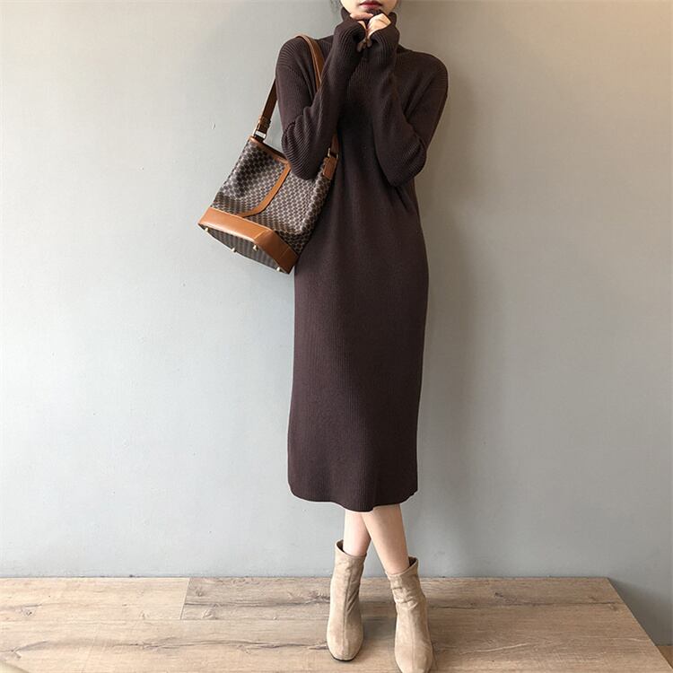 好評 タートルネック ロングスカート 肌にやさしい 長袖 セーター ニットワンピース