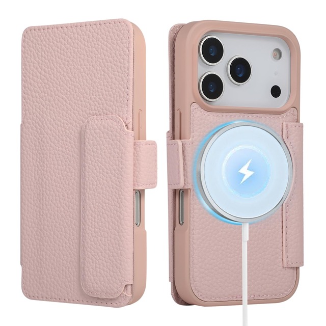 Mldjomid 向け iPhone 18 Pro ケース 手帳型 いphone17pro 携帯カバー 磁気吸着 ワイヤレス充電対応- ピンク