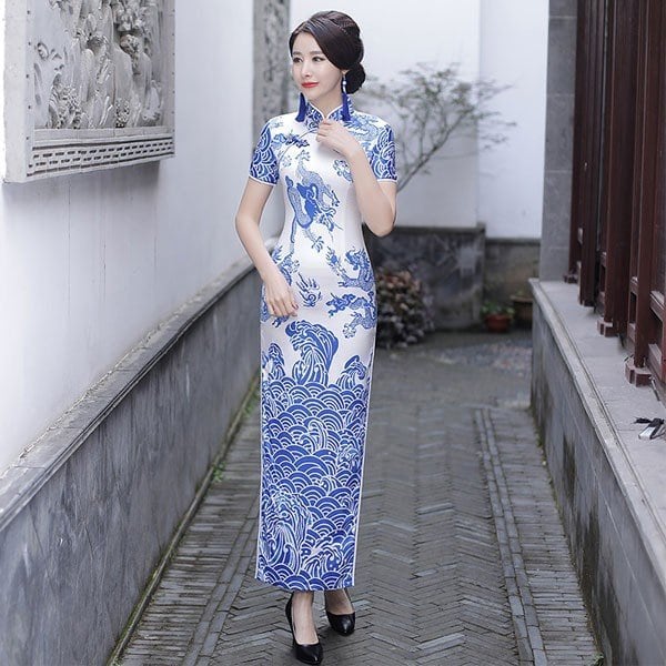 チャイナドレス チーパオ ロング チャイナ風 ワンピース デート パーティー お呼ばれドレス 入園式 婚活 顔合わせ レトロ セレブ気質 着痩せ 大きいサイズ スタンドネック S M L Ll 3l 4l 5l 6l 染付け 半袖 Elegant