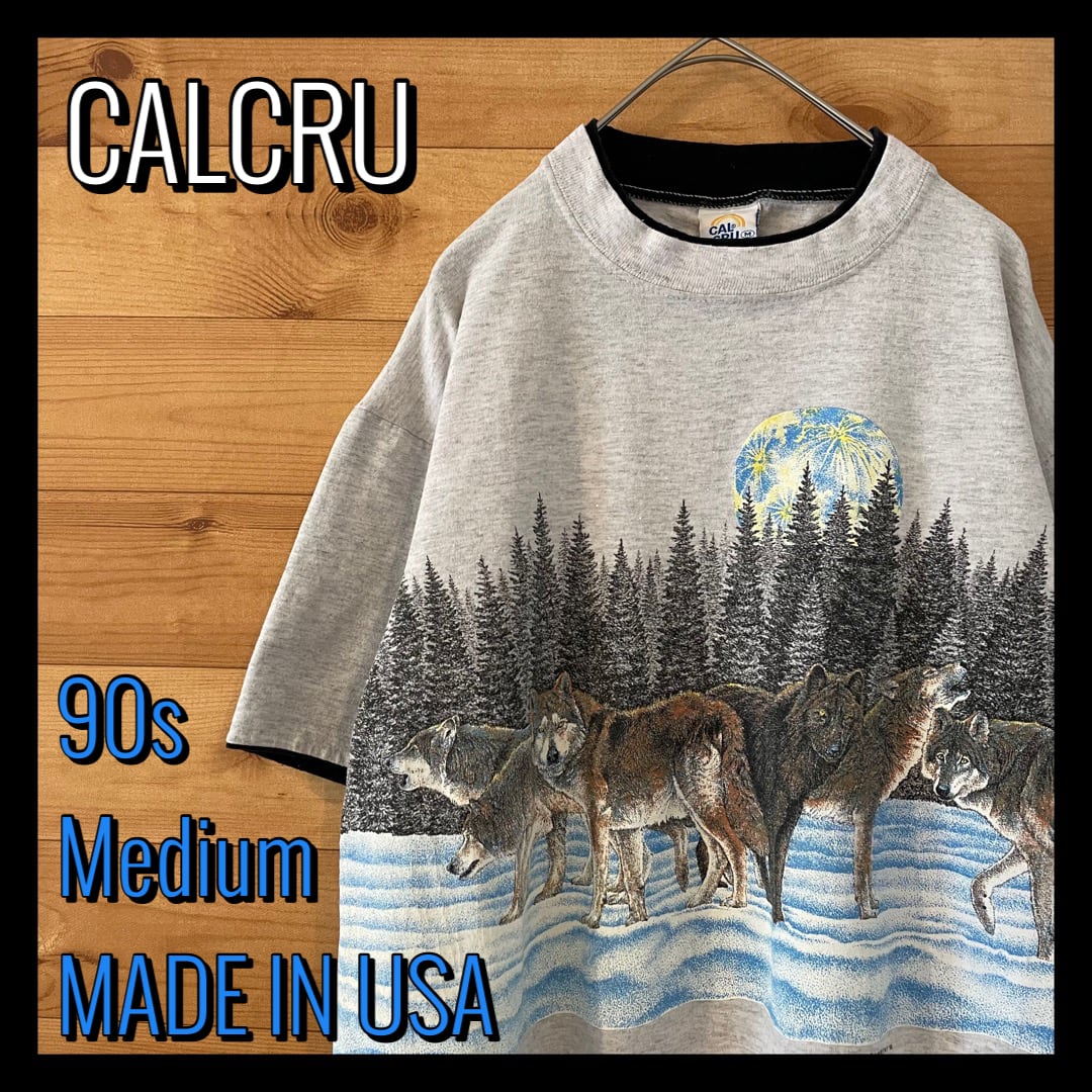 CALCRU】90s USA製 アニマル オオカミ 両面 ビッグプリントTシャツ