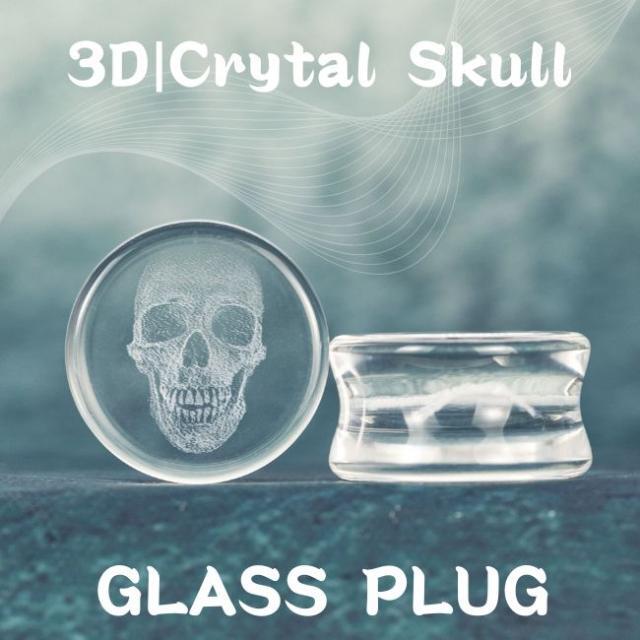 ボディピアス 00G 12mm クリスタル 3D スカル ガラスピアス ダブル