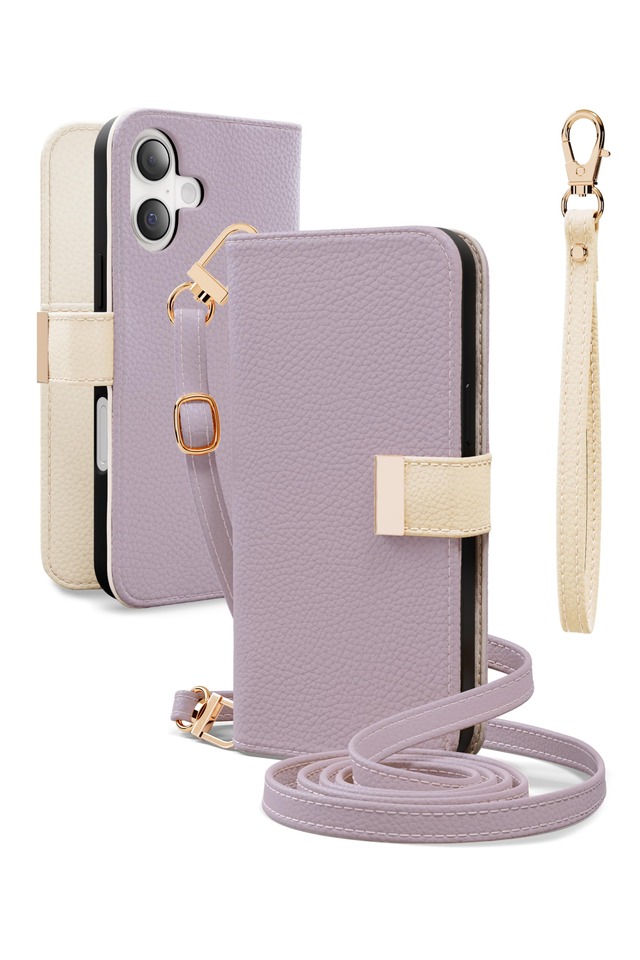 MINTY iPhone16 用 ケース 手帳型 ショルダーストラップ バイカラー ライラック×エクリュ