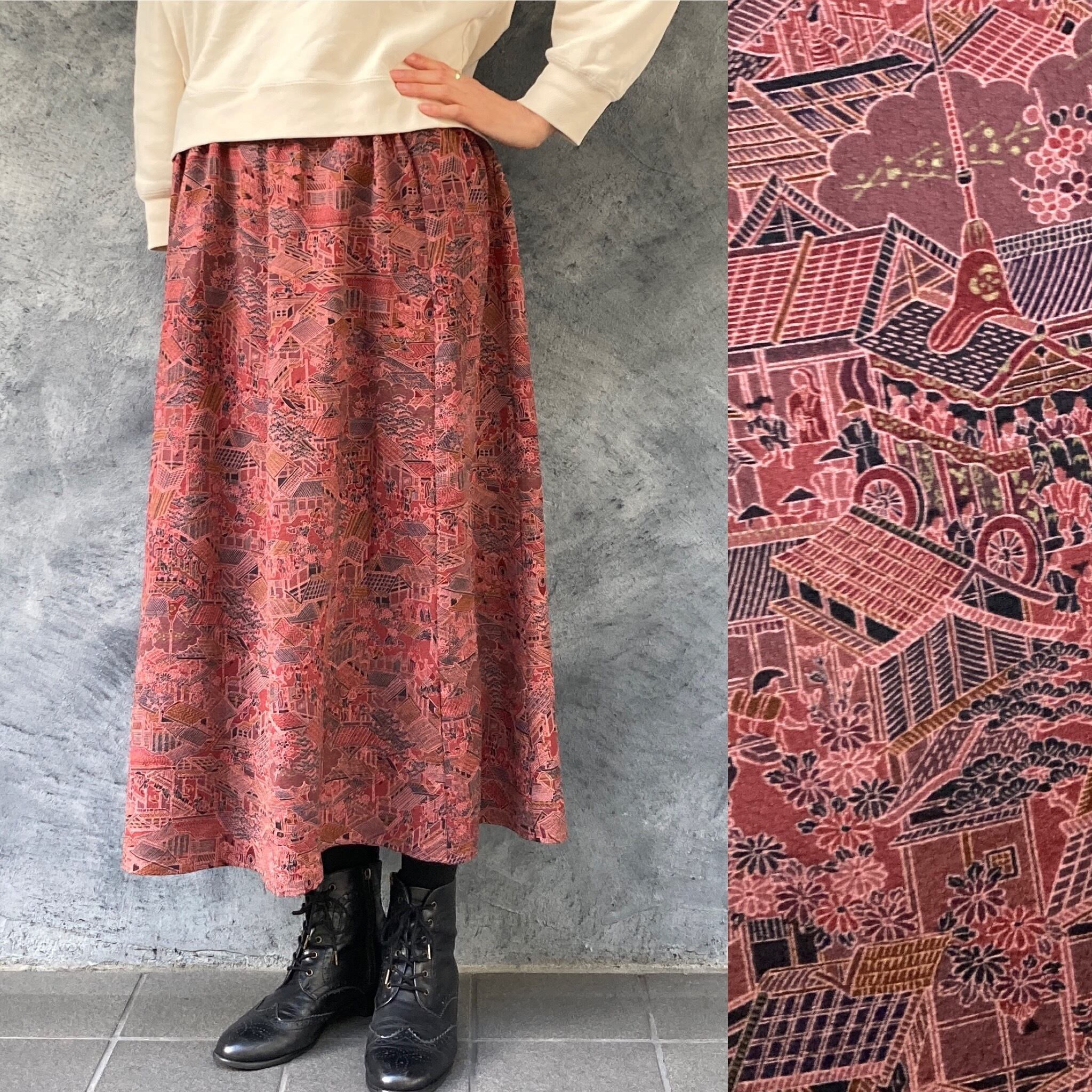 着物リメイクギャザーロングスカート - kimono elastic waist skirt 