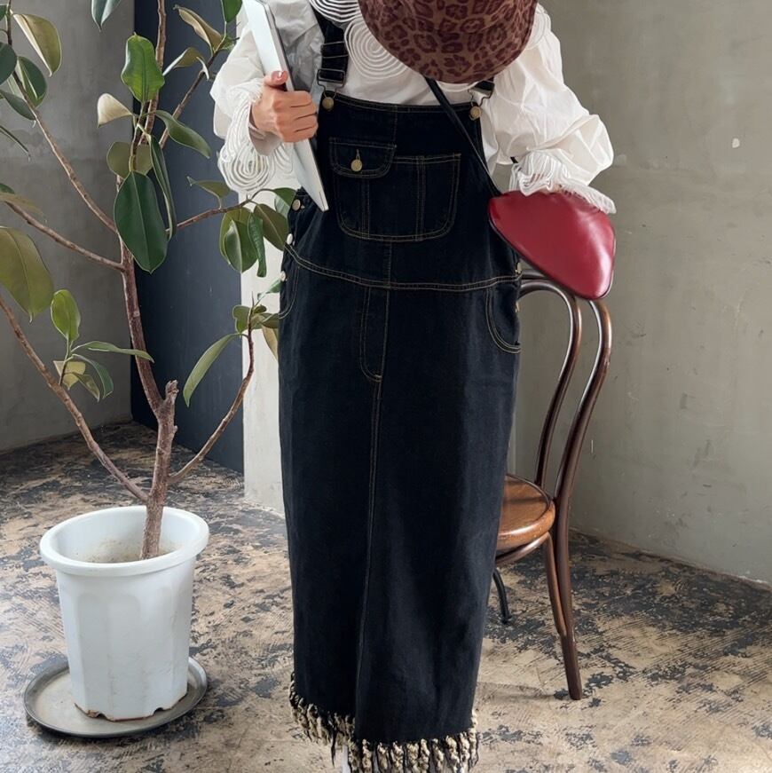 【plus size】裾フリンジデニムサロペワンピース_LNF0006