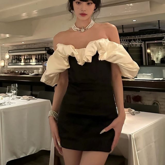 フェミニンy2khoneymihoneyレースフリル黒ベアトップミニ丈ワンピース 予約販売】ワンピース ドレス レディース ベアワンピ フリル