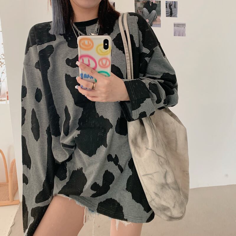 牛長袖Tシャツレディース秋バージョンルーズBFレイジースタイルブラックボトミングシャツミドル丈トップス ブラックストロベリース16013899226