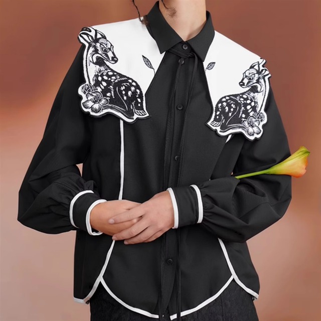 【Camoooni】小鹿刺繍ビックカラーブラウス　10970