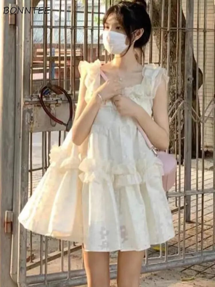 【新作】【送料無料】 ボールガウンドレス女性ミニフリル甘いノースリーブサマービーチスタイルホリデーエレガントヤングストリート美的シンプルベーシック 0216431195920