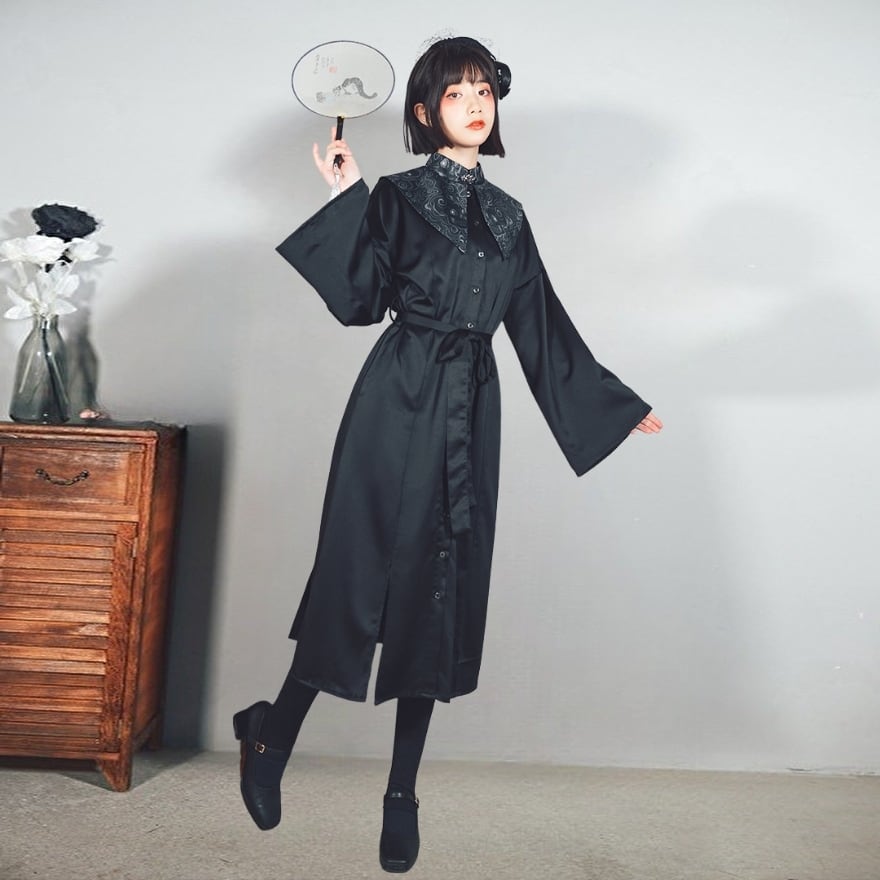 With U ゴスロリ地雷系 古怪舎 ワンピース チャイナ服 漢服 ハイウエスト Aライン レトロ ハイウエスト バルーンスリーブ 病み可愛い ゴスロリ服 ストリート系 普段着 控えめ ゴスロリファッション With U