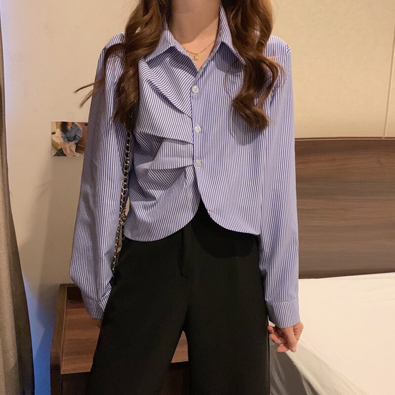 ブルーストライプシャツ スプリングオータムスタンダードスタイルショートトップス ロング レトロ 春物 秋物 試着室64316386831