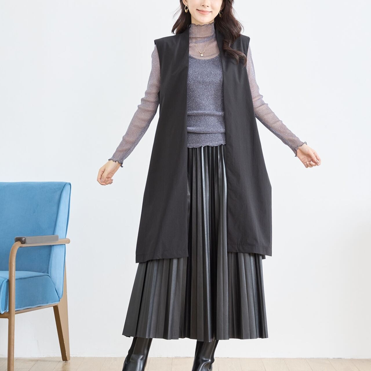 新品！　異素材　アウター　羽織り　ロングベスト muzimuzi_no-000007