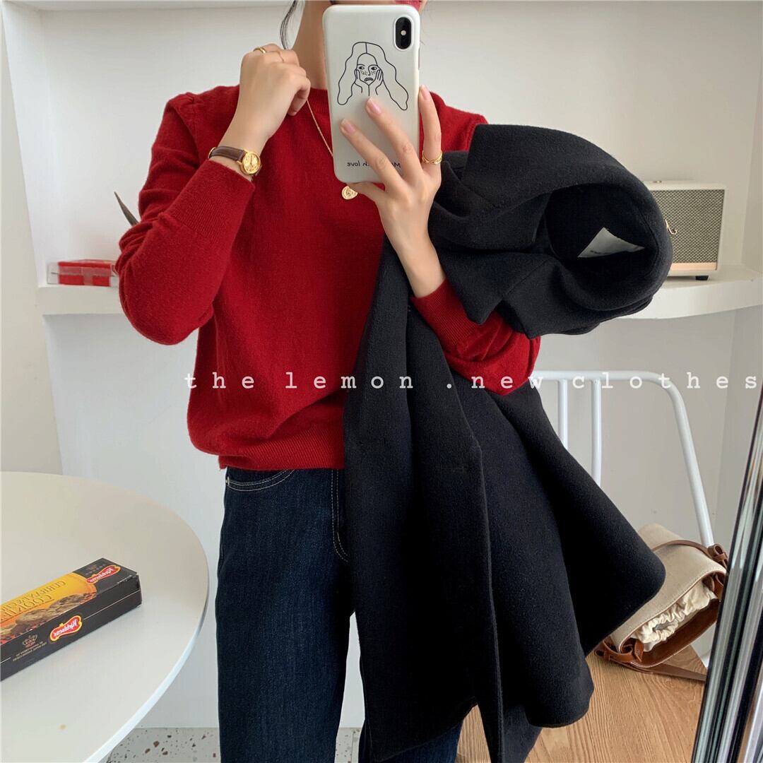 カラーニットセーター シングルラウンドネックプルオーバー レッドスプリング 春物 Oネック ピュア ビッグFスモールZ韓国56777732819