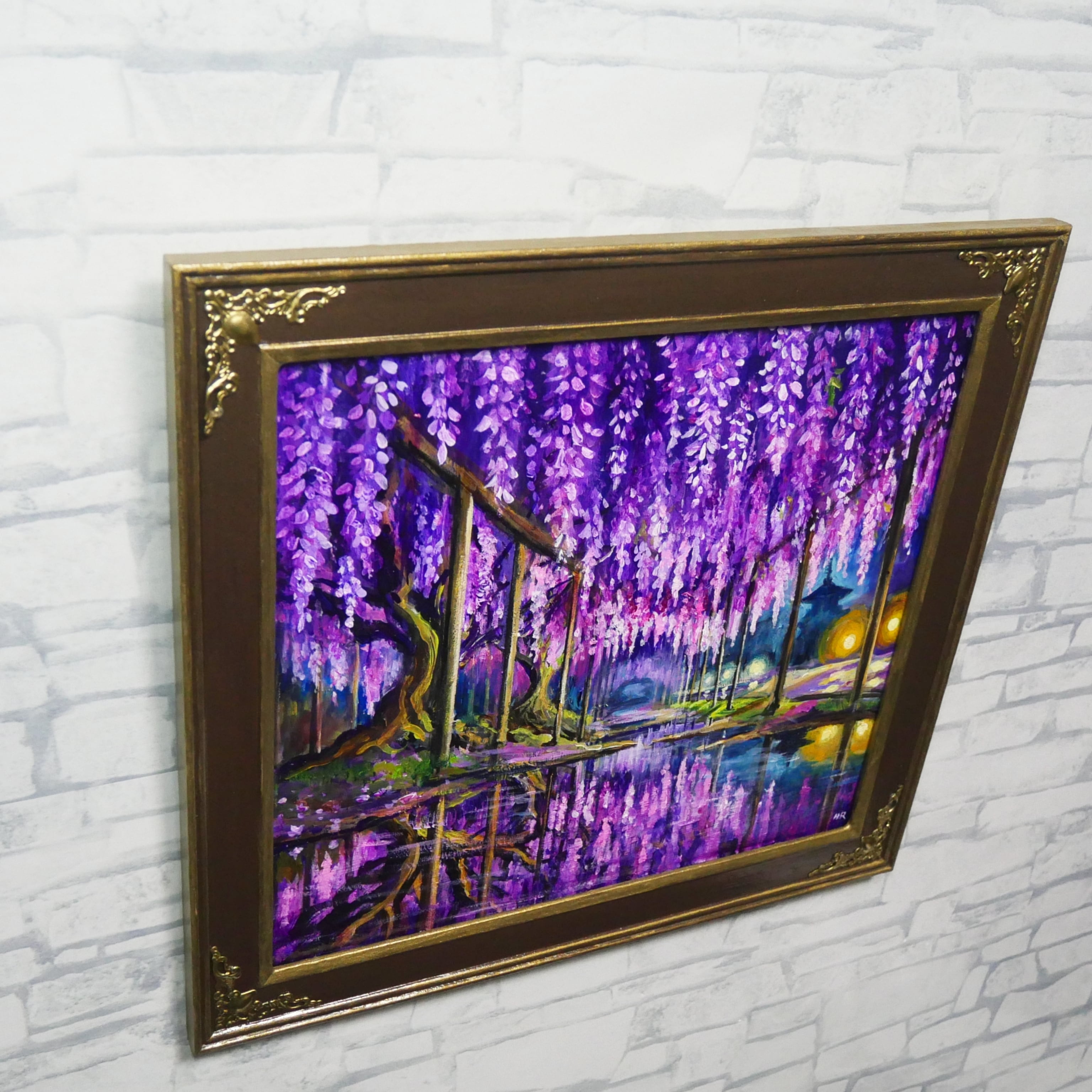 藤の花の油絵【紫光のカーテン】白毫寺 九尺ふじ 原画 一点物