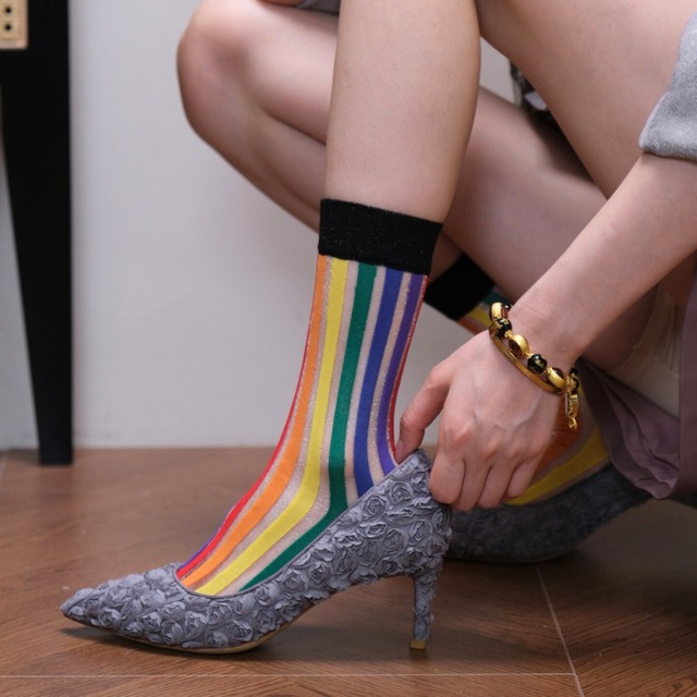 happy rainbow stripe sheer socks  e2076