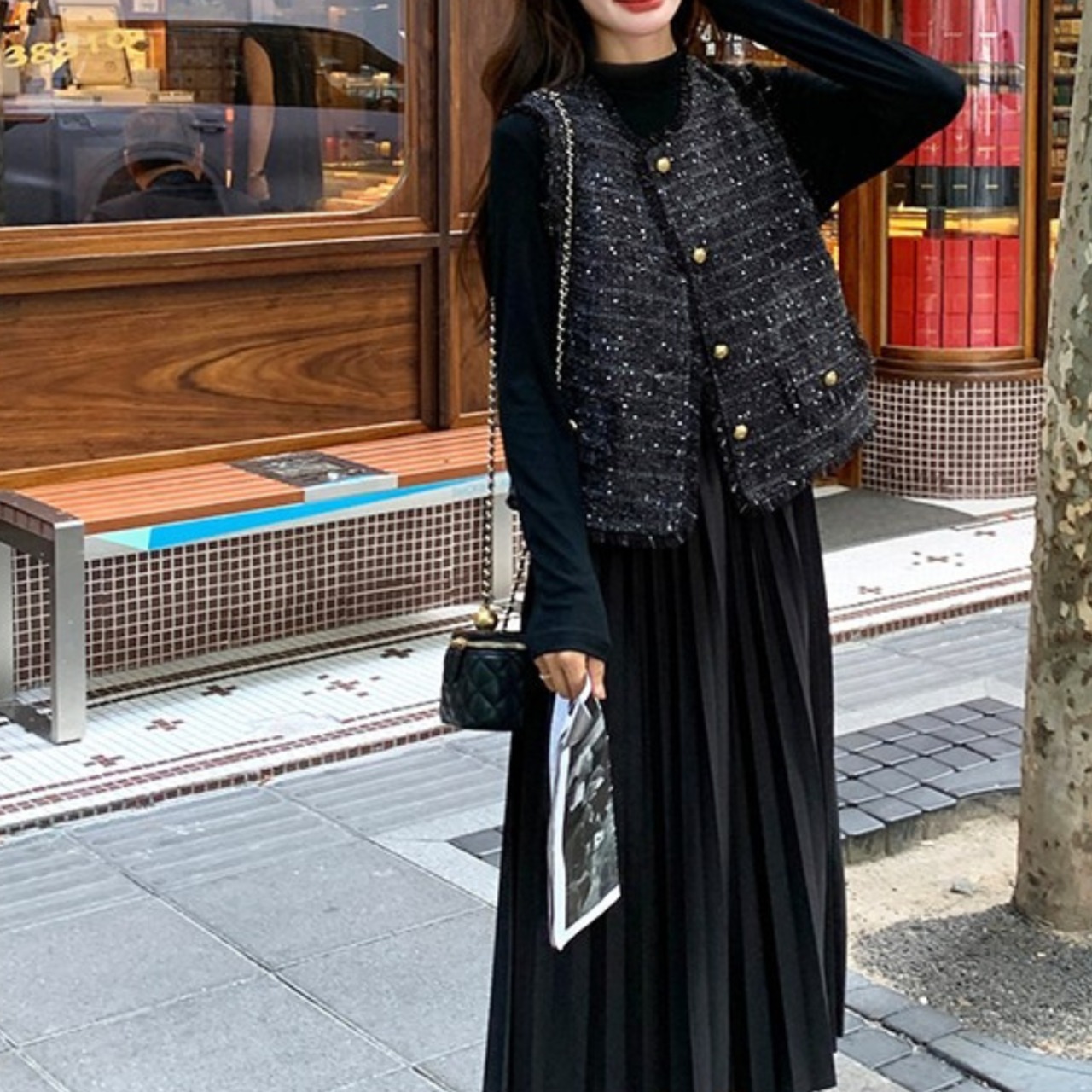 ゴールドボタン ミドル丈 ツイード ベスト W01400