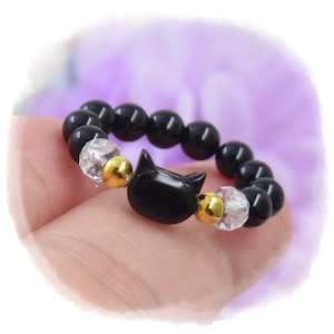 ♥黒ねこ♥リング♥プレゼント♥オニキス お守り 猫アクセサリー 大人可愛い 黒猫 パワーストーン 天然石リング I53