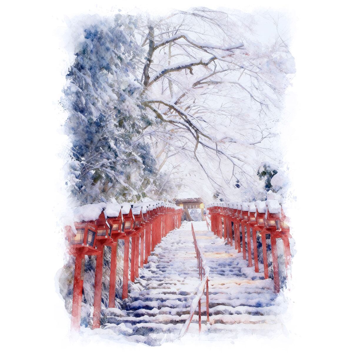 絵画(風景画) 日本 京都府 雪の貴船神社 インテリアアート額付き