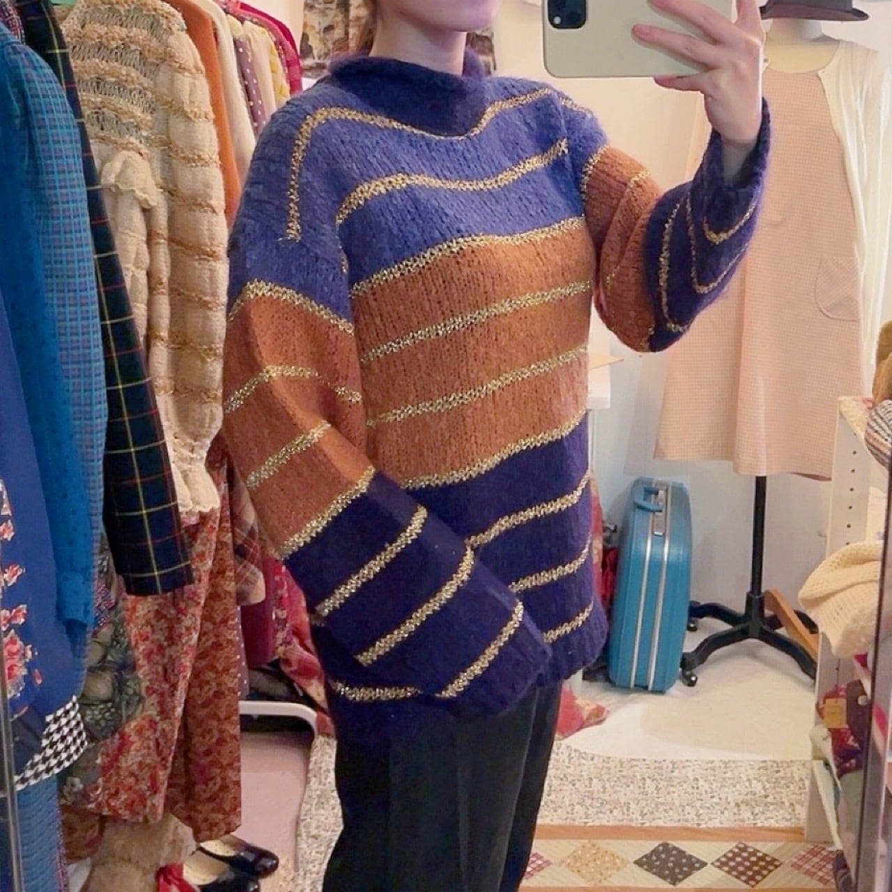 purple lame gold high necked sweater
