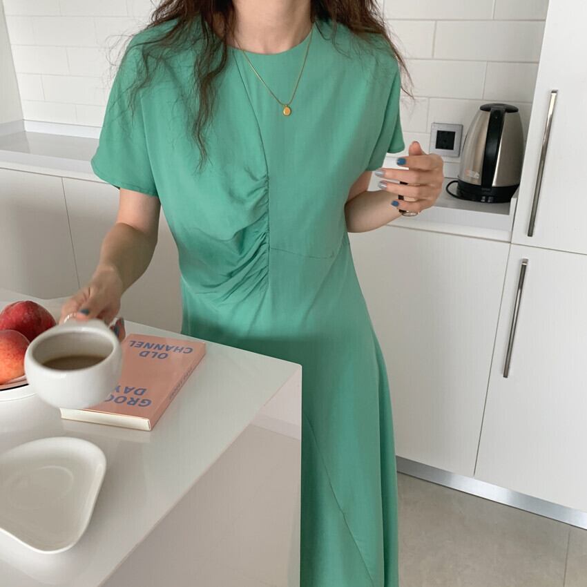 プリーツラウンドネックドレス サマースタイル薄手ウェストソリッド カラーAラインスカート 夏物 Oネック ソリッドカラー ステッチ ビッグFスモールZ韓国86785893832