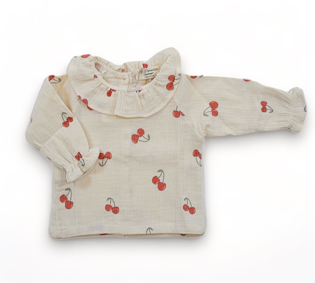 日本未発売　当店のみ　Lil' Paradise Copenhagen　Tulip blouse トップス　オーガニックコットン　ブラウス　モスリントップス　チェリー柄　セットアップ対応　ベビー服　ベビーギフト　春夏　北欧デザイン　日本未入荷　海外子供服　ナチュラルコーデ　ベビー服　ベビーギフト　綿100　おそろいコーデ