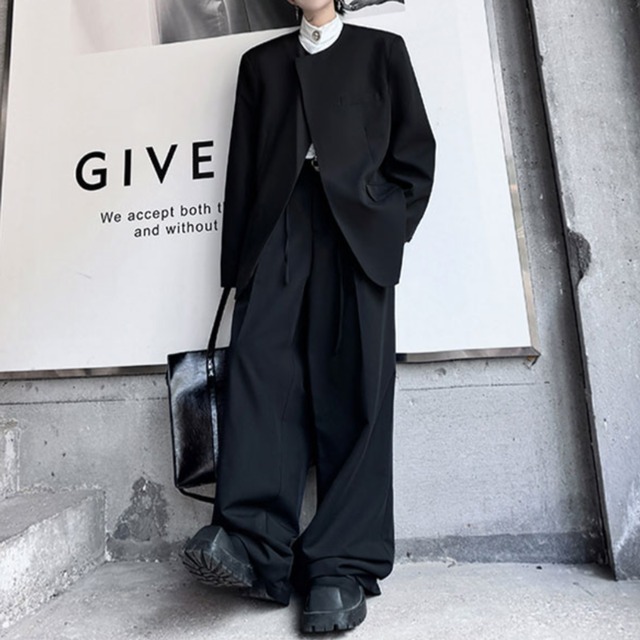 アシンメトリーカーブライン　ノーカラージャケット＆ワイドスラックスセットアップ　2カラー　LB1602