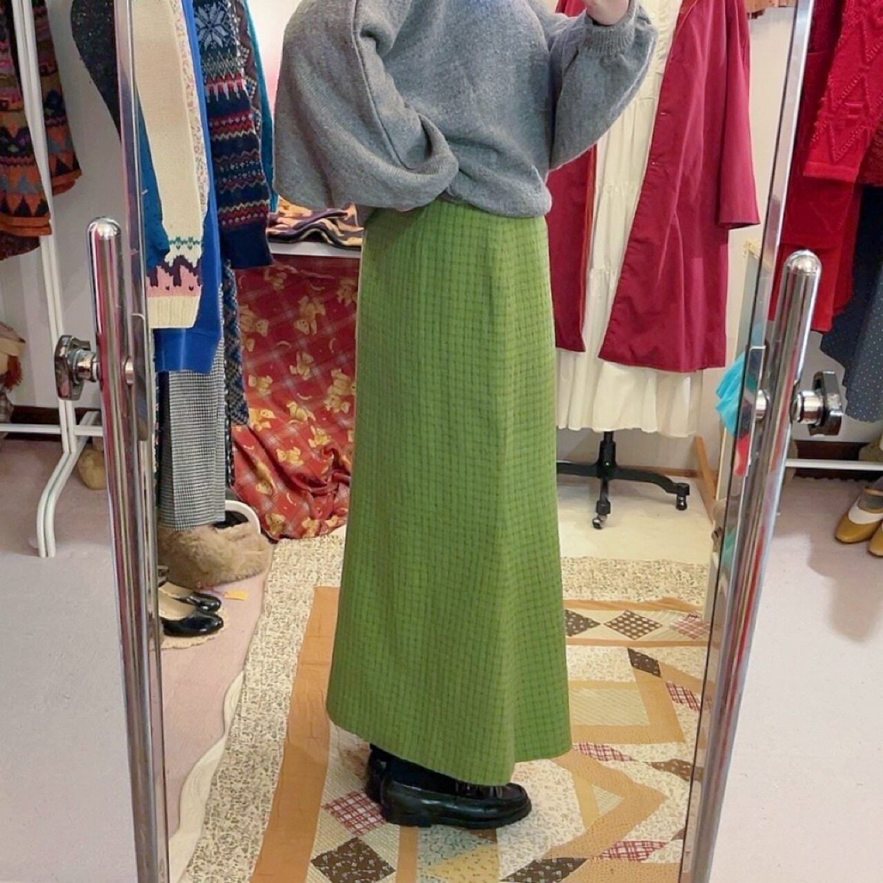 light green check long skirt
