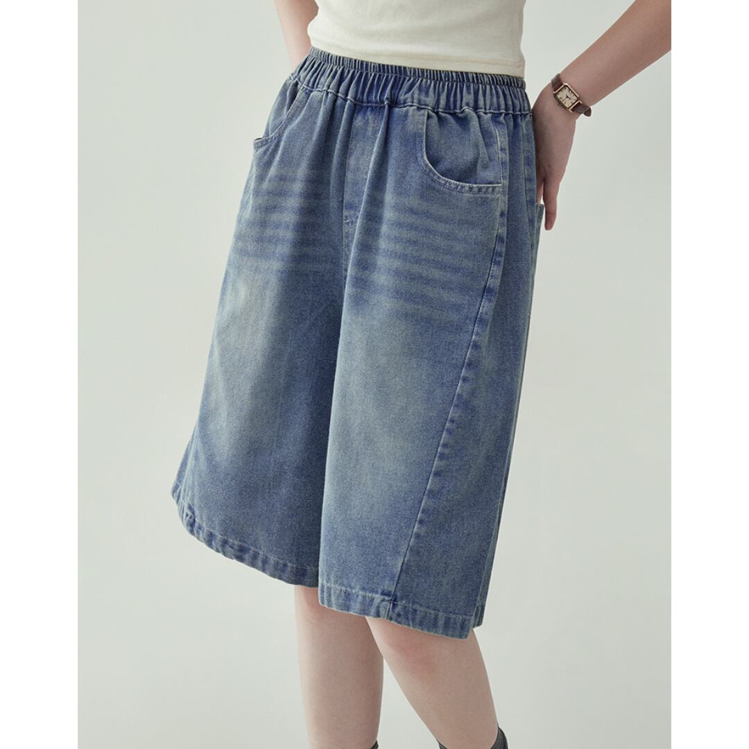 denim bermuda pants with elastic waist