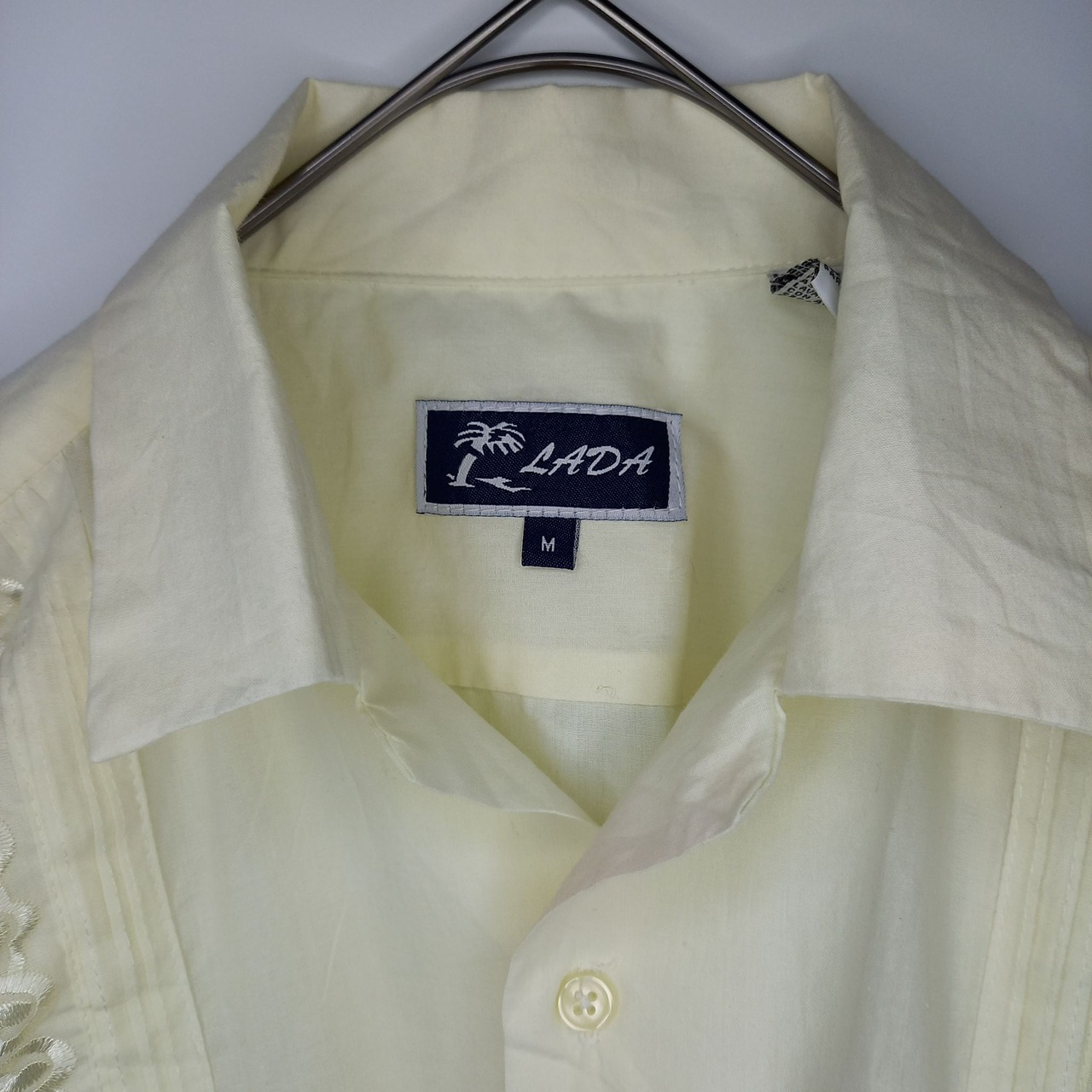 LADA　キューバシャツ　開襟　半袖　刺繍　ペールイエロー　4つポケ　M