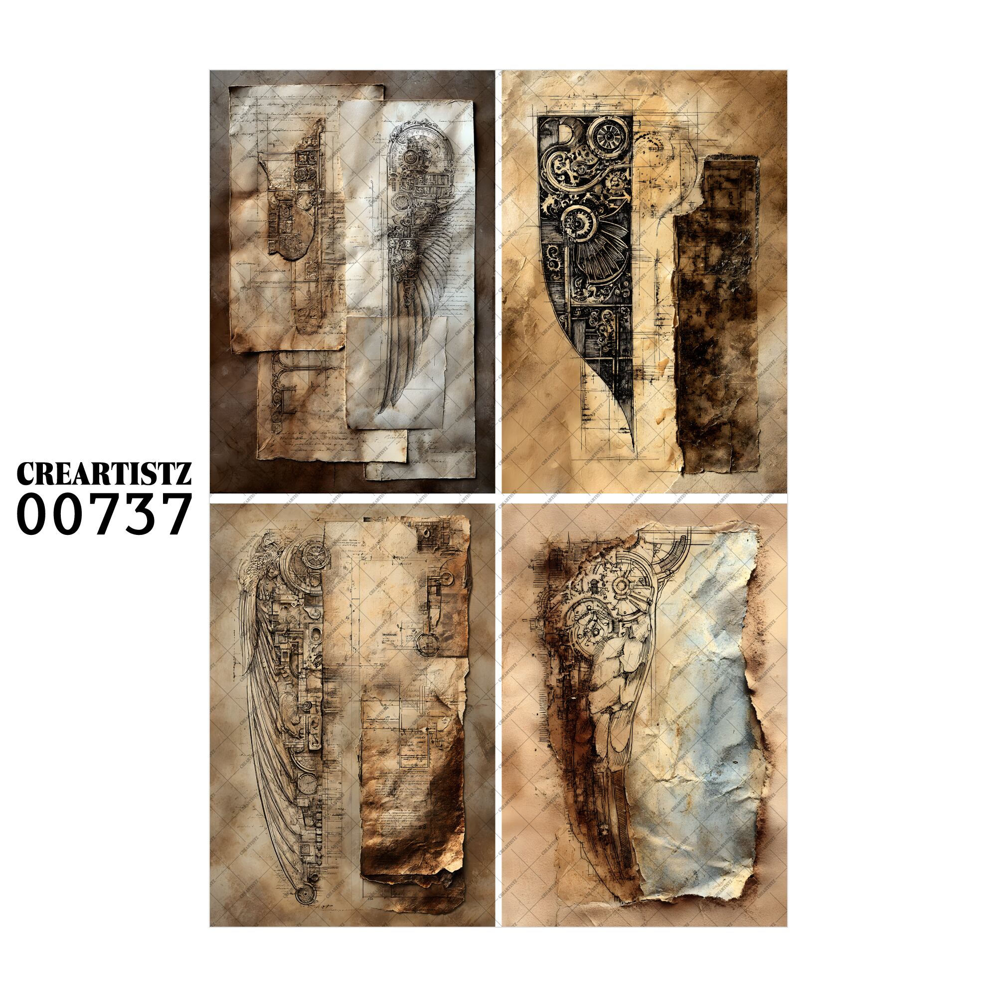 00737 背景 コラージュ素材 オリジナル 12枚セット (4種類×3枚) ペーパー/ステッカー CREARTISTZ