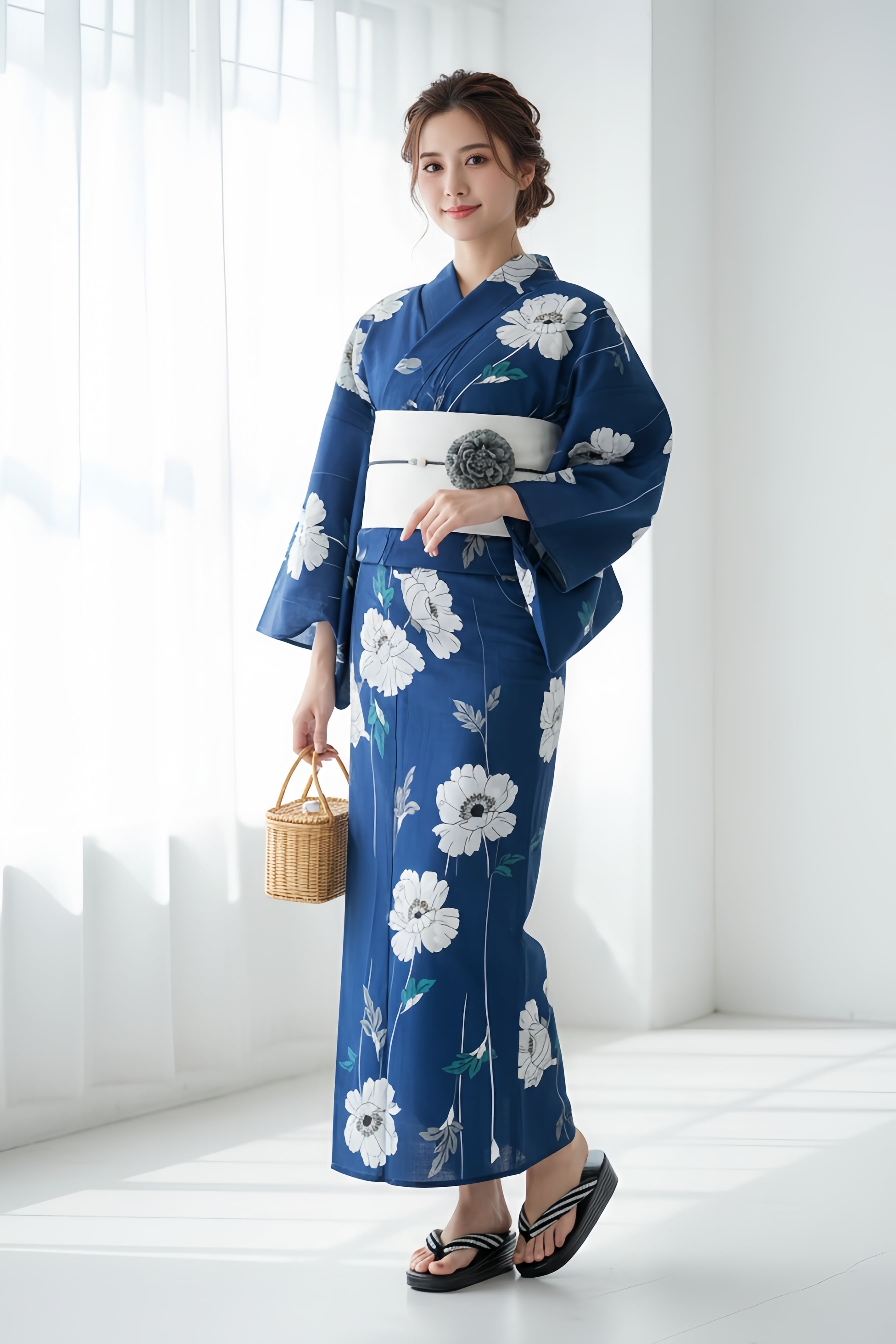浴衣ジェンヌ 浴衣5点セット 鉄紺色 ポピー 花柄 綿 ゆかた 半幅帯 浴衣