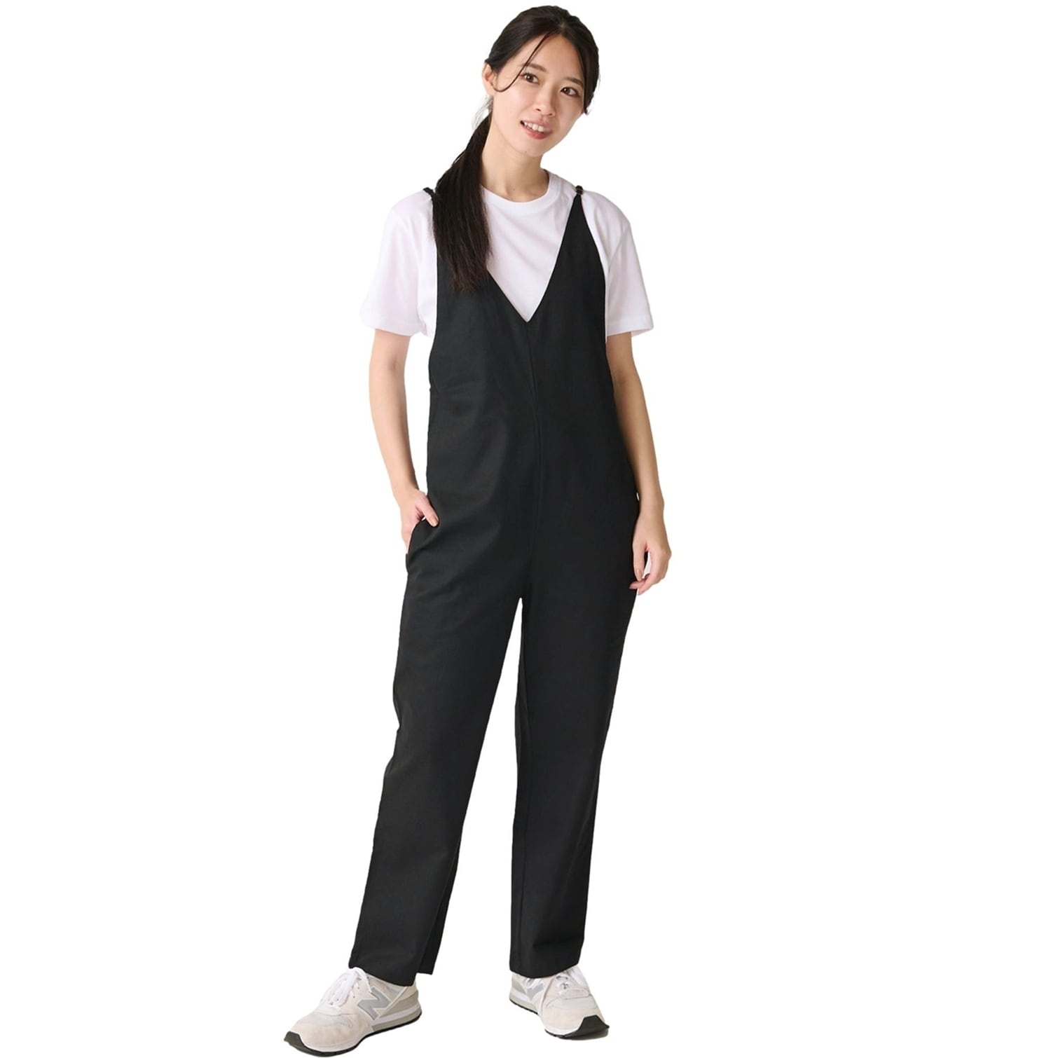 サロペット オールインワン レディース キャミ オーバーオール ワイドパンツ マキシパンツ 無地 サスペンダー 春 夏 秋(ブラック)