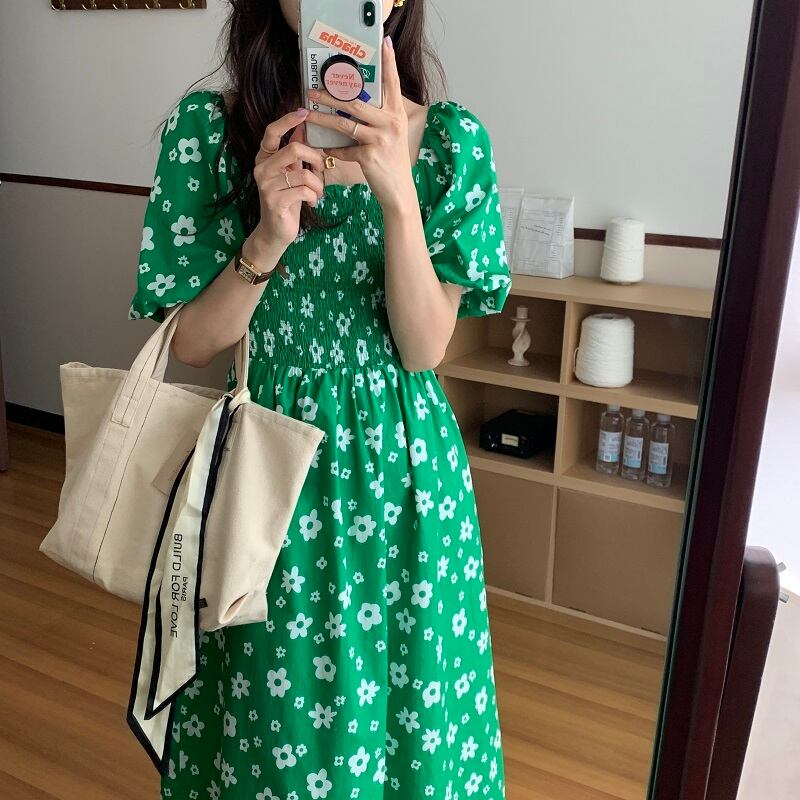 スリーブドレス サマースタイルカラープリーツスリムウェストロングスカート 夏物 スクウェア ビッグFスモールZ韓国49942172426