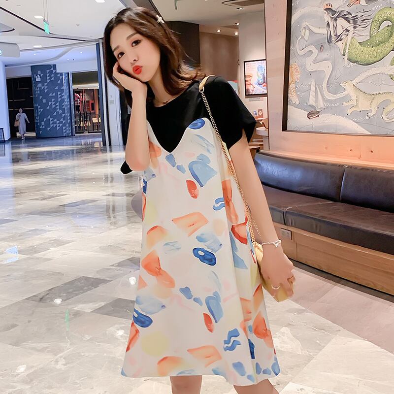 【新作】【送料無料】 マタニティ服サマーOネックトップワンピースレイヤールック妊娠中のドレス服妊娠中の女性ミッドロングママドレス 夏物 AL expec362353404248