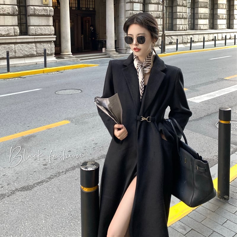 ウールコートレディースミドル丈ルーズバージョンプラスコットン厚手ブラック気質ウールコート2020秋冬新作 ブラックストロベリース73506775190