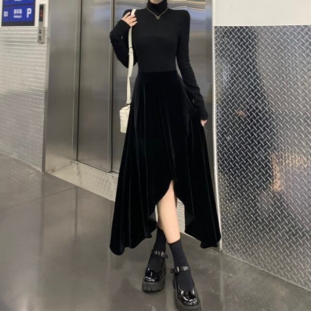 【予約販売】ワンピース ロング丈 レディース 無地 ドッキング 長袖 ハイネック 異素材 レディース 黒 ブラック マキシ丈 フレア シンプル こなれ感 ワンピ 大人可愛い エレガント 韓国 秋 冬 トレンド M/L/XL/2XL/3XL/4XL